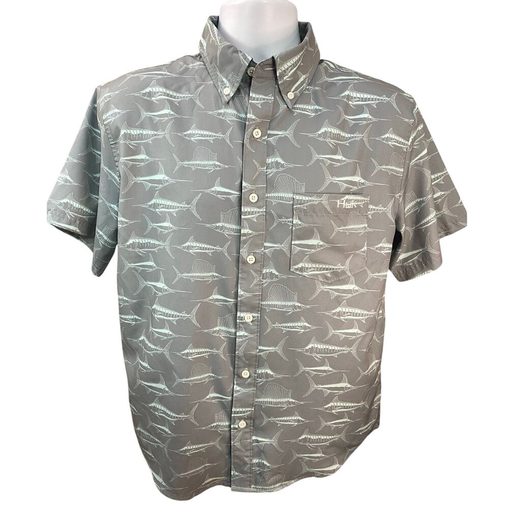 Hukt Shirt Mens small Gray Marlin/Swordfish Pint Polyester Button Short Sleeve